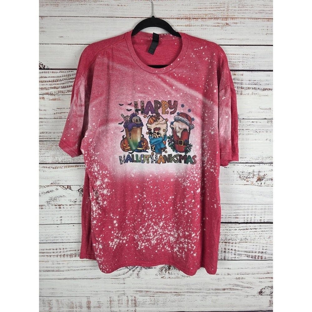 Gildan Soft Style Happy Hallothanksmas T Shirt 2X Womens Plus Size Red Crew Neck
